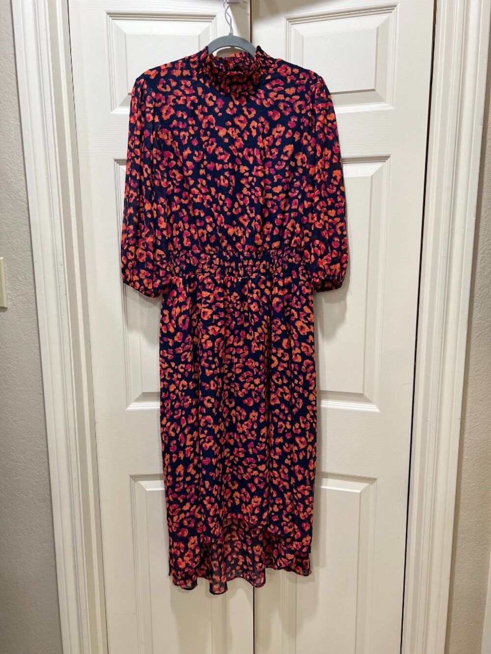Women's Nanette Lepore Navy Pink Orange Leopard Print Smocked Midi Dress Size 10